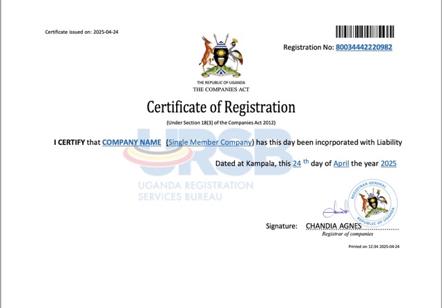 Uganda company registration certificate Word and PDF template